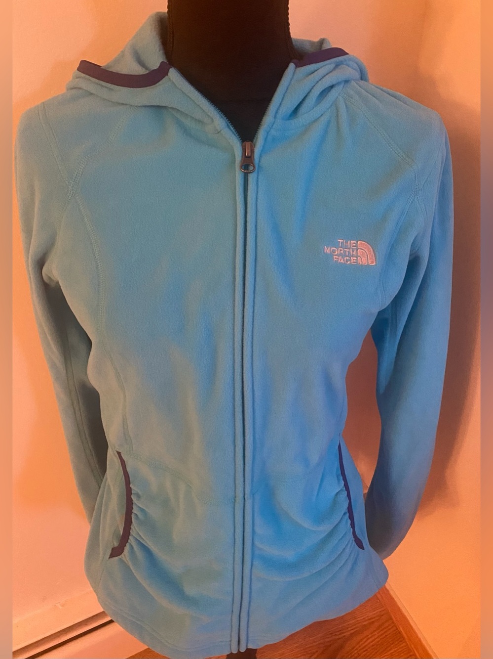 The North Face Fleece Aqua Blue Fleece Zip Hoodie With Trimmed Hand Pockets Sz L